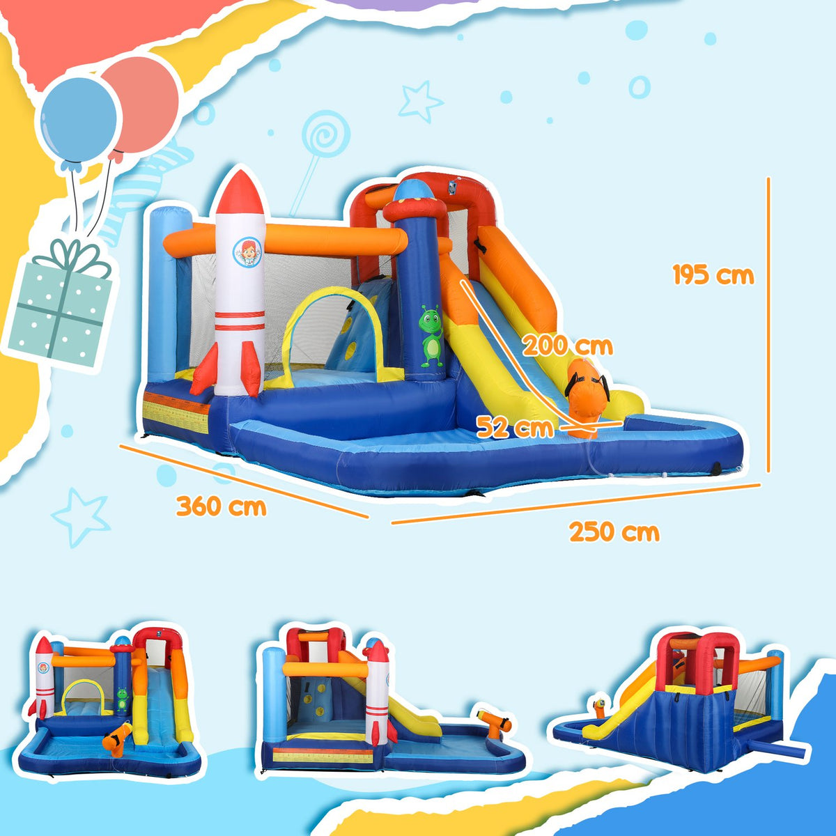 Bouncy Castle with Blower, Slide, Paddling Pool, Climbing Wall, Jump, Water Cannon, Inflatable Jumping Castle with Carry Bag for Indoor Outdoor for Children Ages 3-8, 360 x 250 x 195 cm |