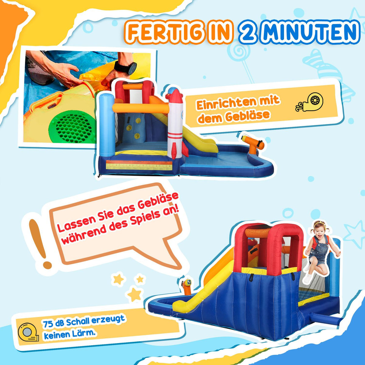 Bouncy Castle with Blower, Slide, Paddling Pool, Climbing Wall, Jump, Water Cannon, Inflatable Jumping Castle with Carry Bag for Indoor Outdoor for Children Ages 3-8, 360 x 250 x 195 cm |