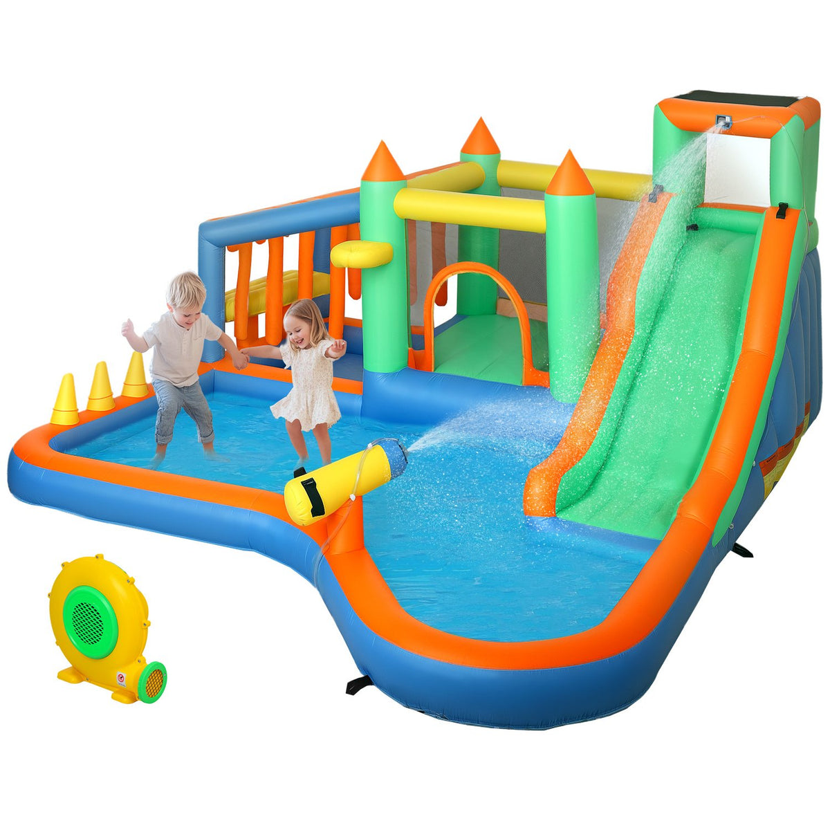 Bouncy castle with blower, water slide, paddling pool, ball pit, climbing wall, throwing ring, jump, basketball hoop, water cannon, inflatable jumping castle for 3-8 years, 416 x 370 x 195 cm |