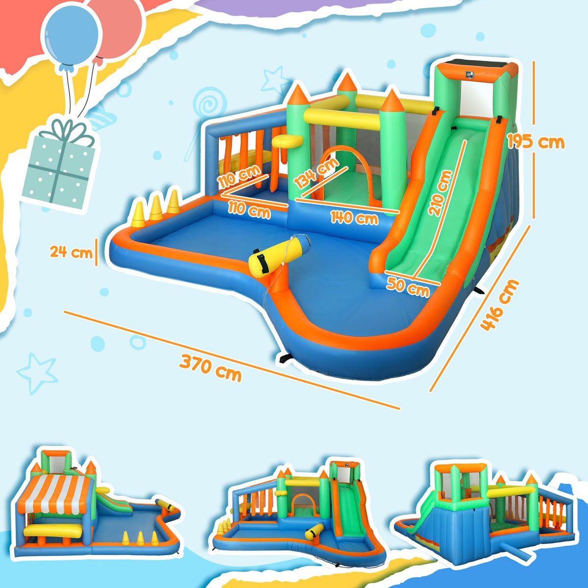 Bouncy castle with blower, water slide, paddling pool, ball pit, climbing wall, throwing ring, jump, basketball hoop, water cannon, inflatable jumping castle for 3-8 years, 416 x 370 x 195 cm |