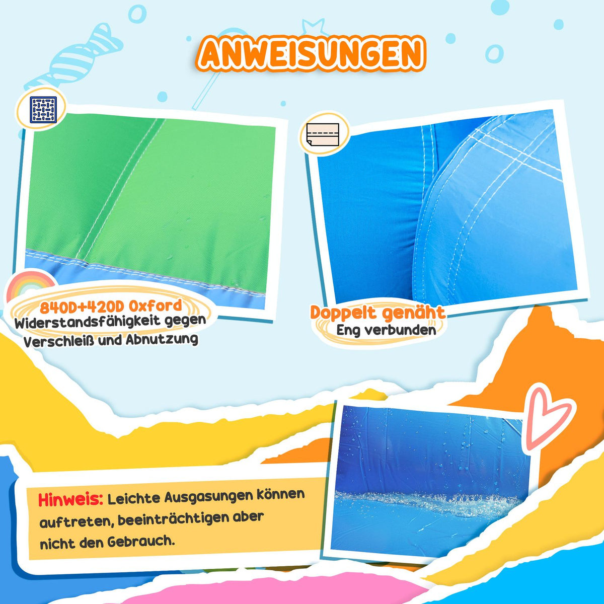 Bouncy castle with blower, water slide, paddling pool, ball pit, climbing wall, throwing ring, jump, basketball hoop, water cannon, inflatable jumping castle for 3-8 years, 416 x 370 x 195 cm |