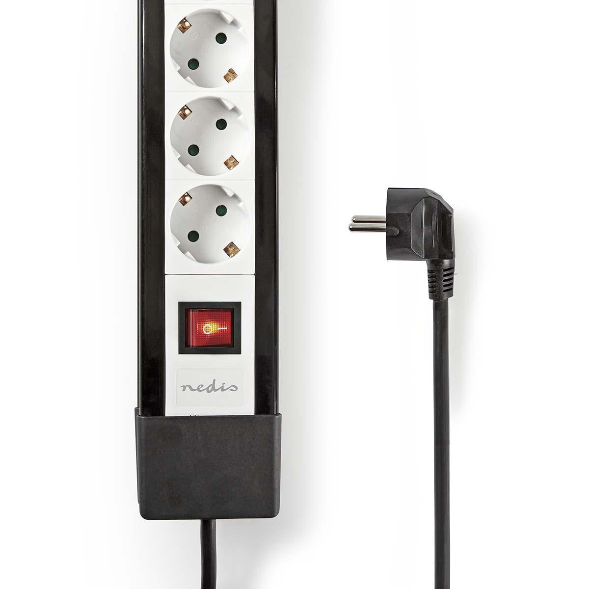 Branch contact | Earthed plug / Type F (CEE 7/7) | 10-way | 3.00 m | 3680 W | 16 A| Type of grounding: Side contact | 230 V AC 50/60 Hz | Outlet angle: 45 ° | H05VV-F 3G1.5mm² | On / off button | Black / White