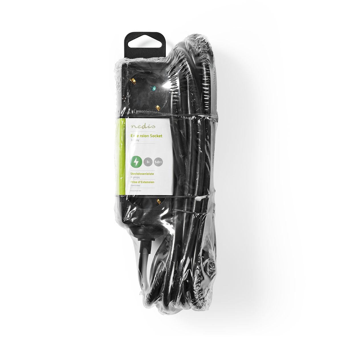 Branch contact | Earthed plug / Type F (CEE 7/7) | 3-way | 5.00 m | 3680 W | 16 A| Type of grounding: Side contact | 230 V AC 50/60 Hz | Outlet angle: 45 ° | H05VV-F 3G1.5mm² | Black