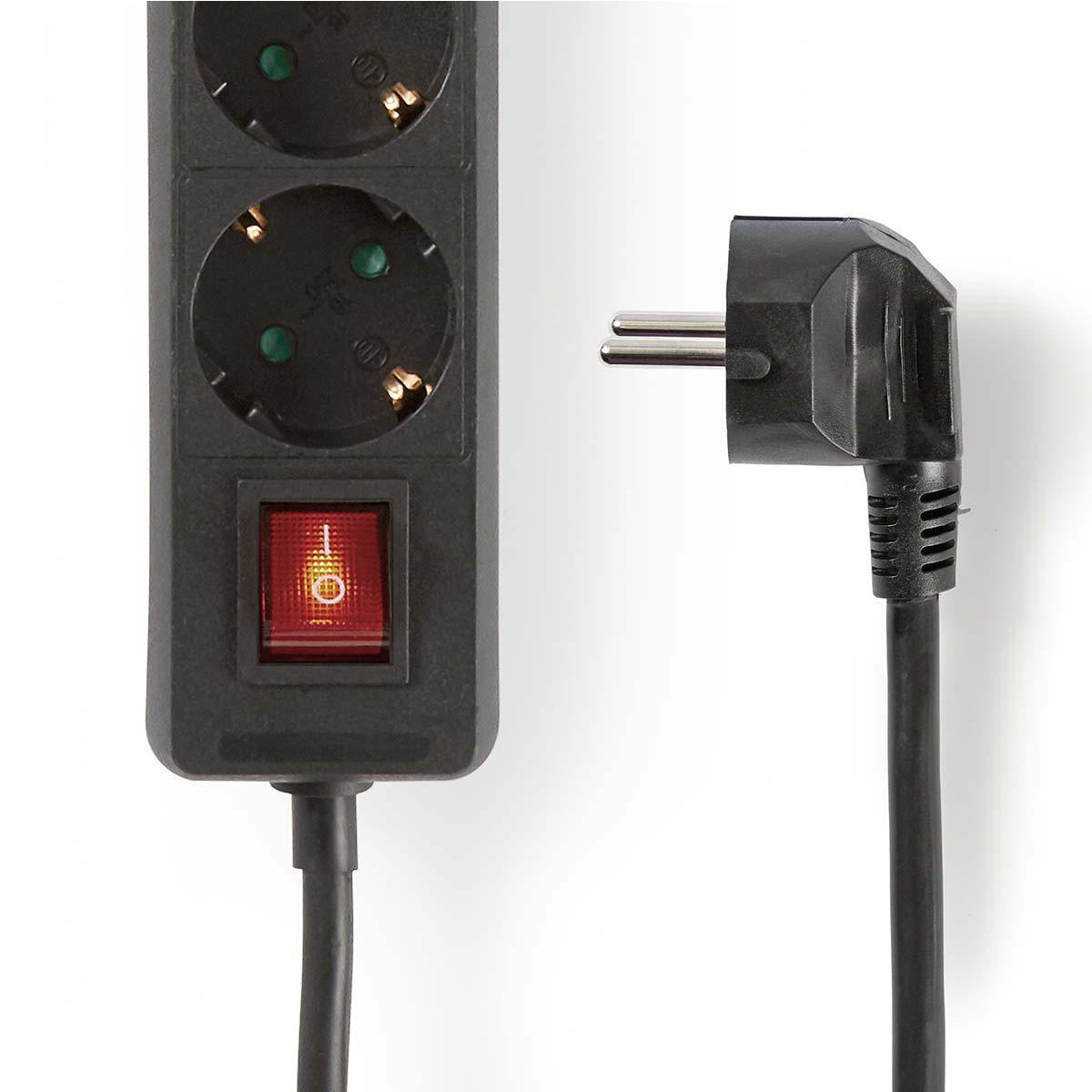 Branch contact | Earthed plug / Type F (CEE 7/7) | 6-way | 1.50 m | 3680 W | 16 A| Type of grounding: Side contact | 230 V AC 50/60 Hz | Outlet angle: 45 ° | H05VV-F 3G1.5mm² | On / off button | Black