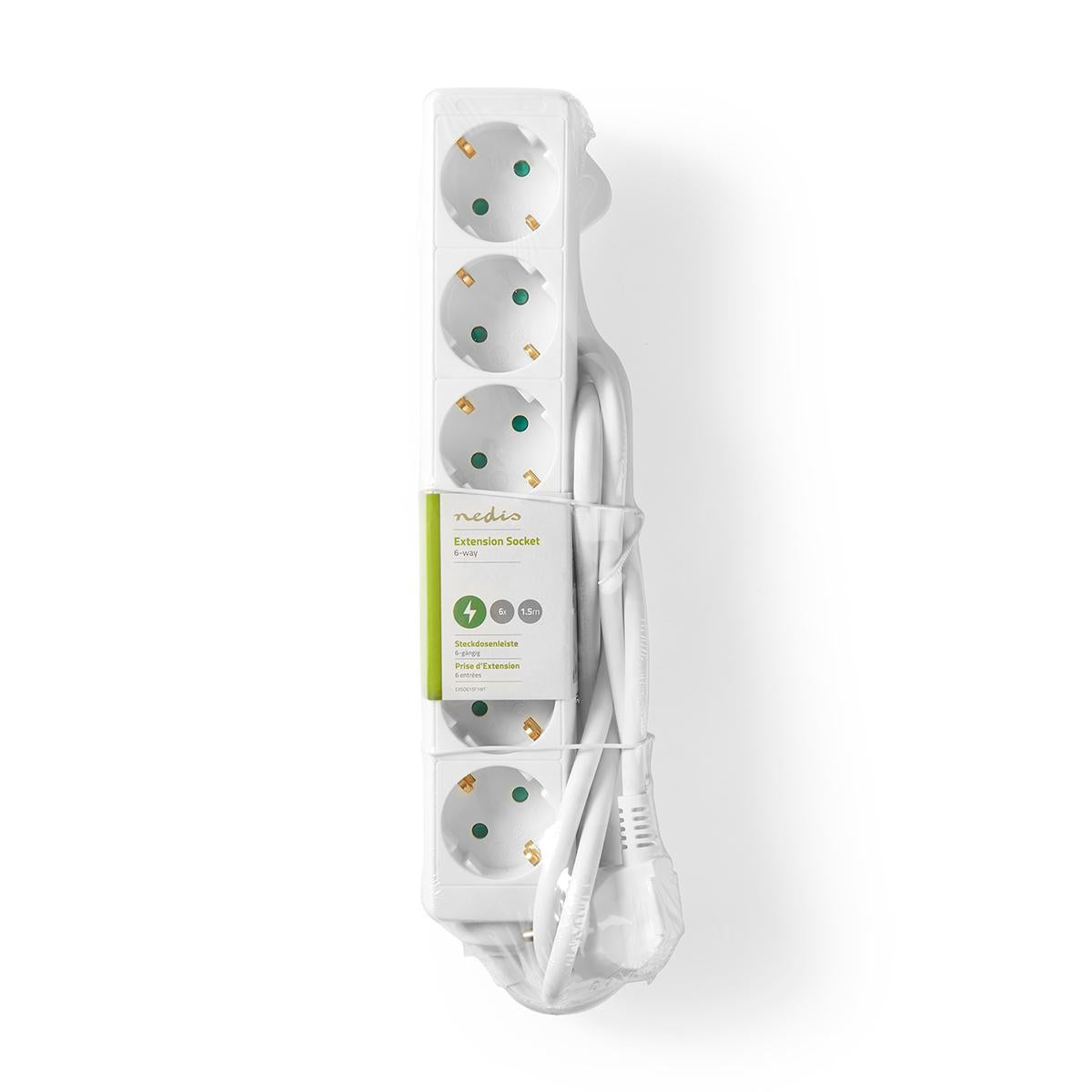Branch contact | Earthed plug / Type F (CEE 7/7) | 6-way | 1.50 m | 3680 W | 16 A| Type of grounding: Side contact | 230 V AC 50/60 Hz | Outlet angle: 45 ° | H05VV-F 3G1.5mm² | White