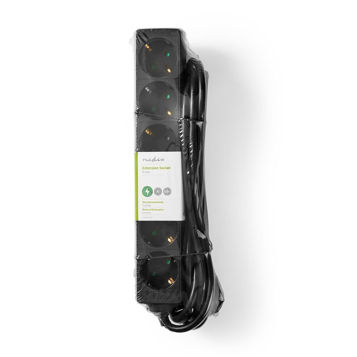 Branch contact | Earthed plug / Type F (CEE 7/7) | 6-way | 3.00 m | 3680 W | 16 A| Type of grounding: Side contact | 230 V AC 50/60 Hz | Outlet angle: 45 ° | H05VV-F 3G1.5mm² | Black