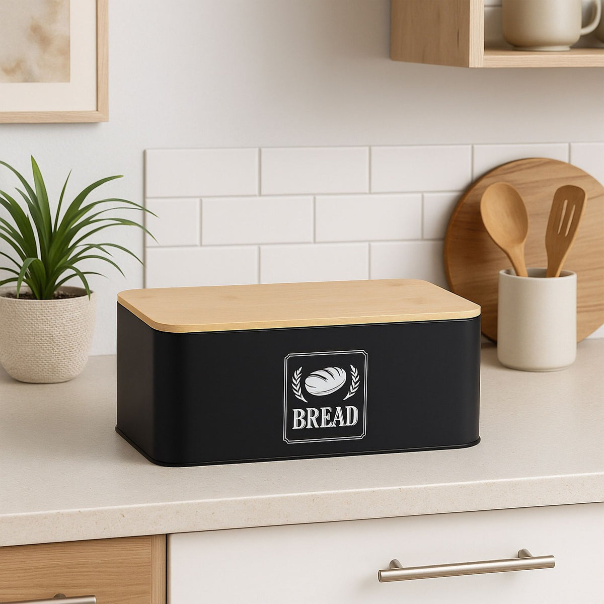 Bread Bin with Bamboo Lid – Retro Design, Metal Casing