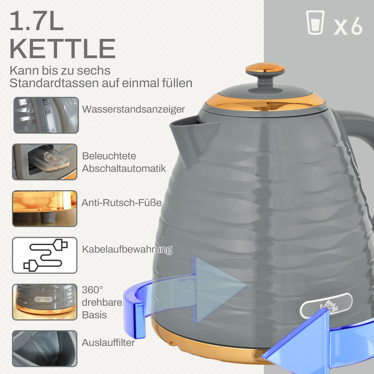 Breakfast set kettle & toaster 1.5L kettle 4 slices toaster 3000 W 7 browning levels defrosting & warming up grey