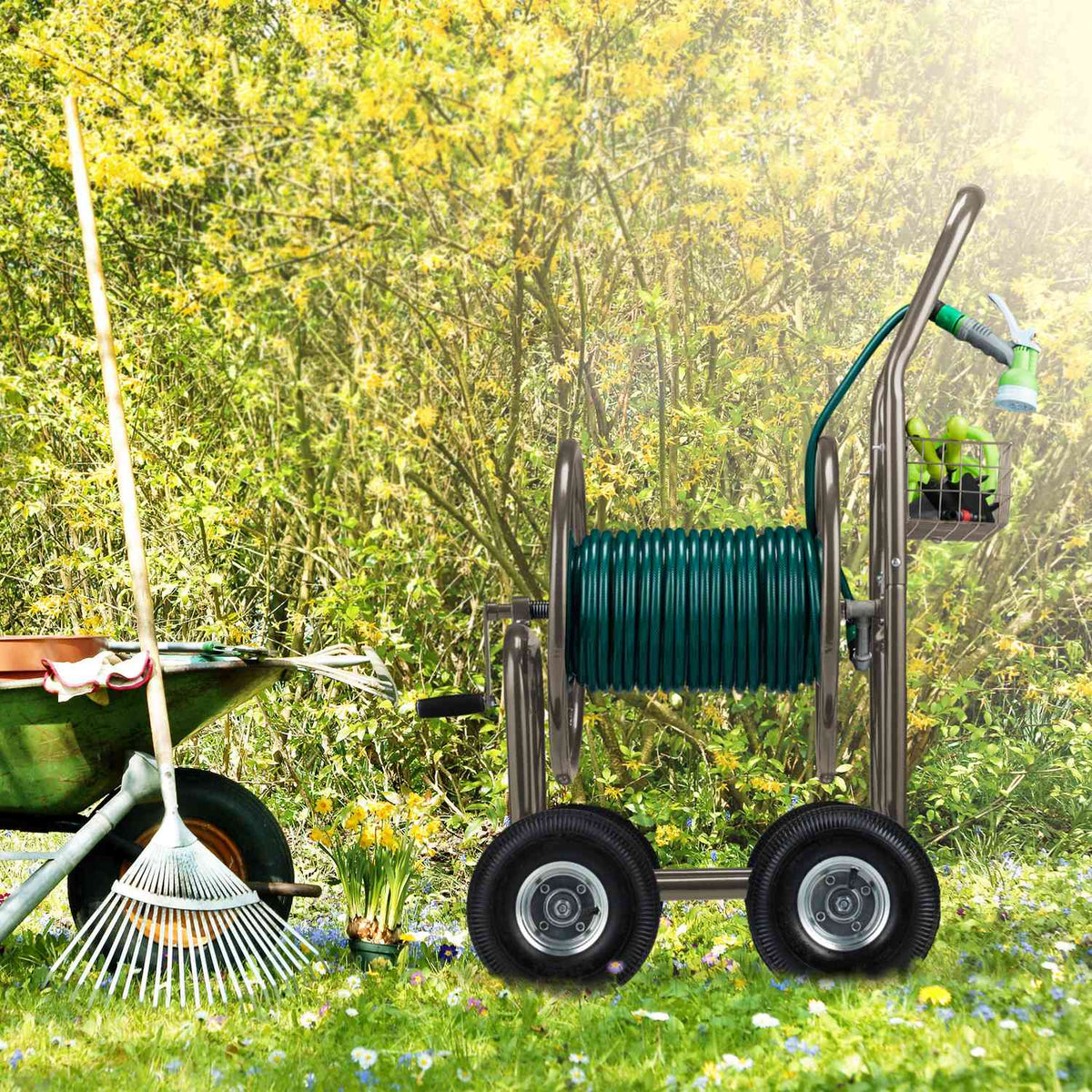 Brown 4 Wheel Hose Trolley