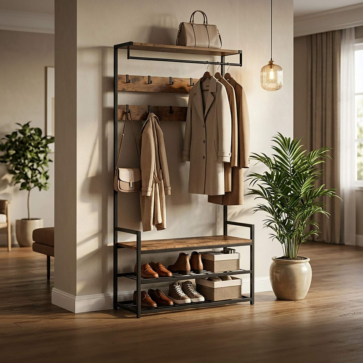 Brown Coat Rack with Hooks, Drawers, and Shoe Shelf