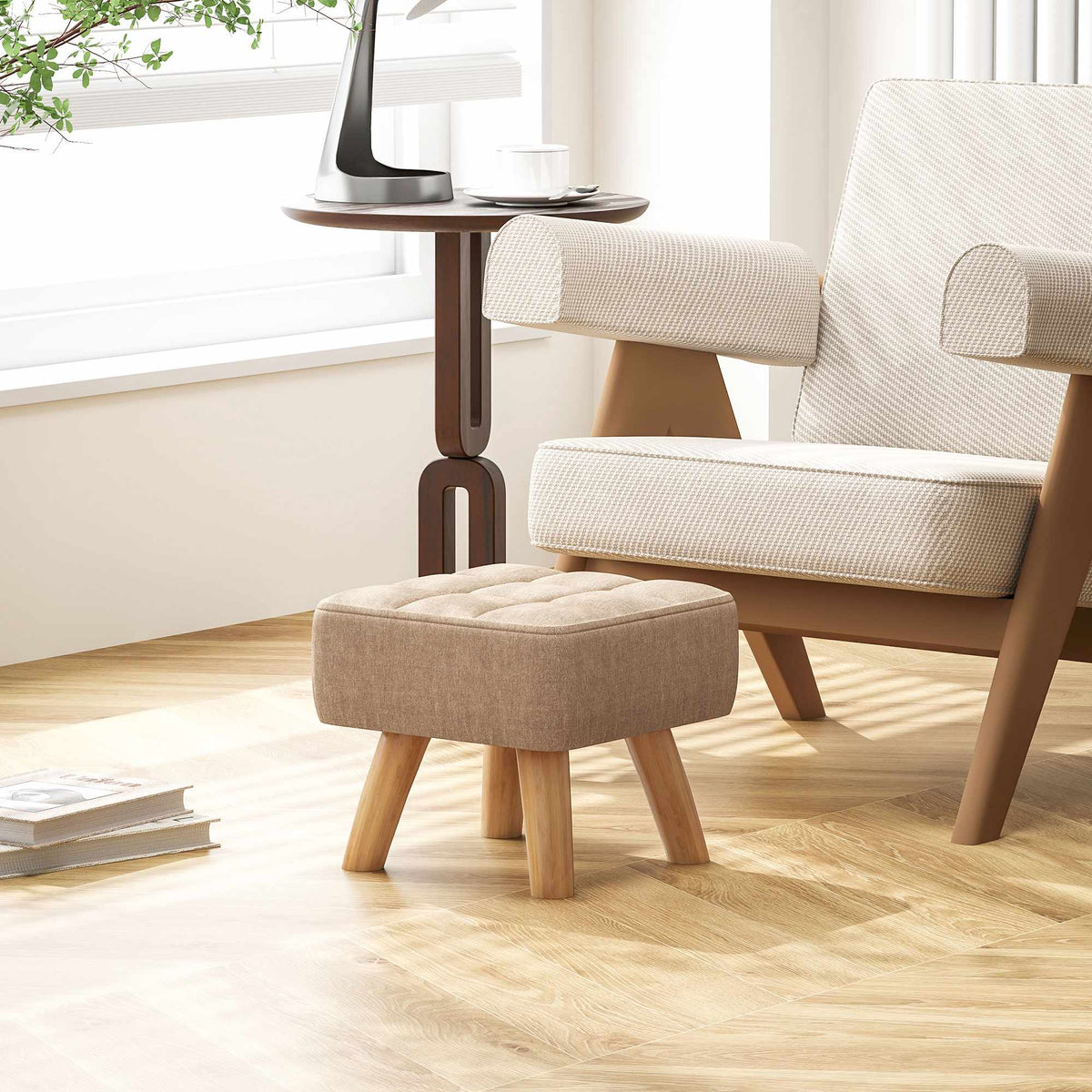 Brown Linen-Look Footstool, Padded, 110 kg Capacity