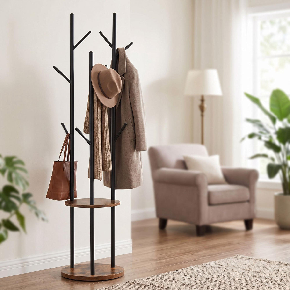 Brown Tree-Shaped Coat Rack with 8 Hooks and 2 Shelves