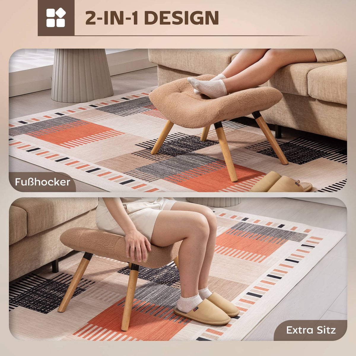 Brown Upholstered Footstool with Fleece Cover & Wood Legs
