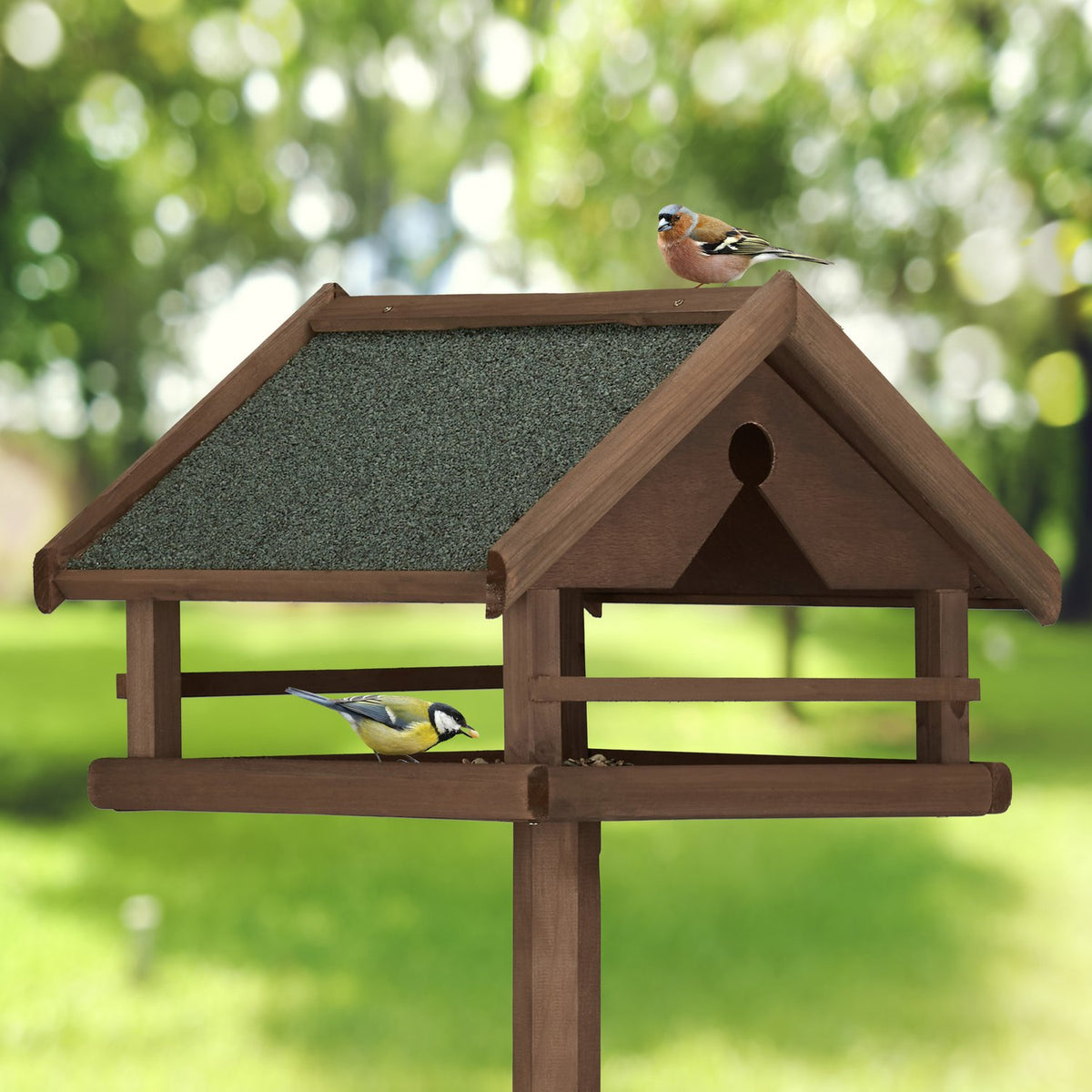 Brown bird table on pole