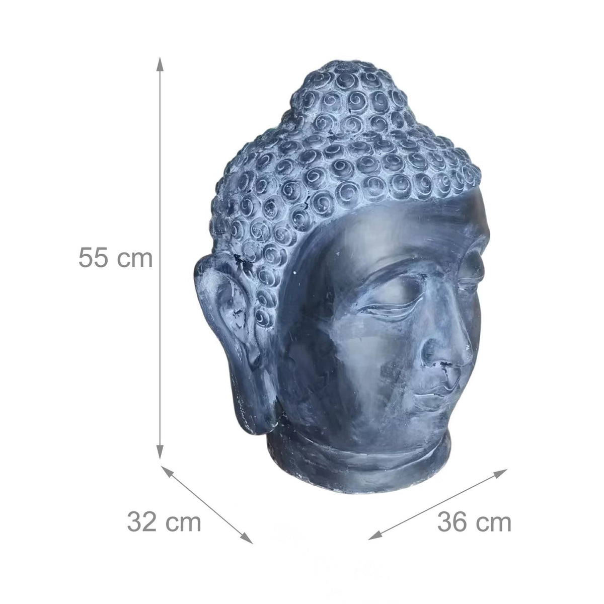 Buddha Head Sculpture, Polyresin, Lava-Stone Finish