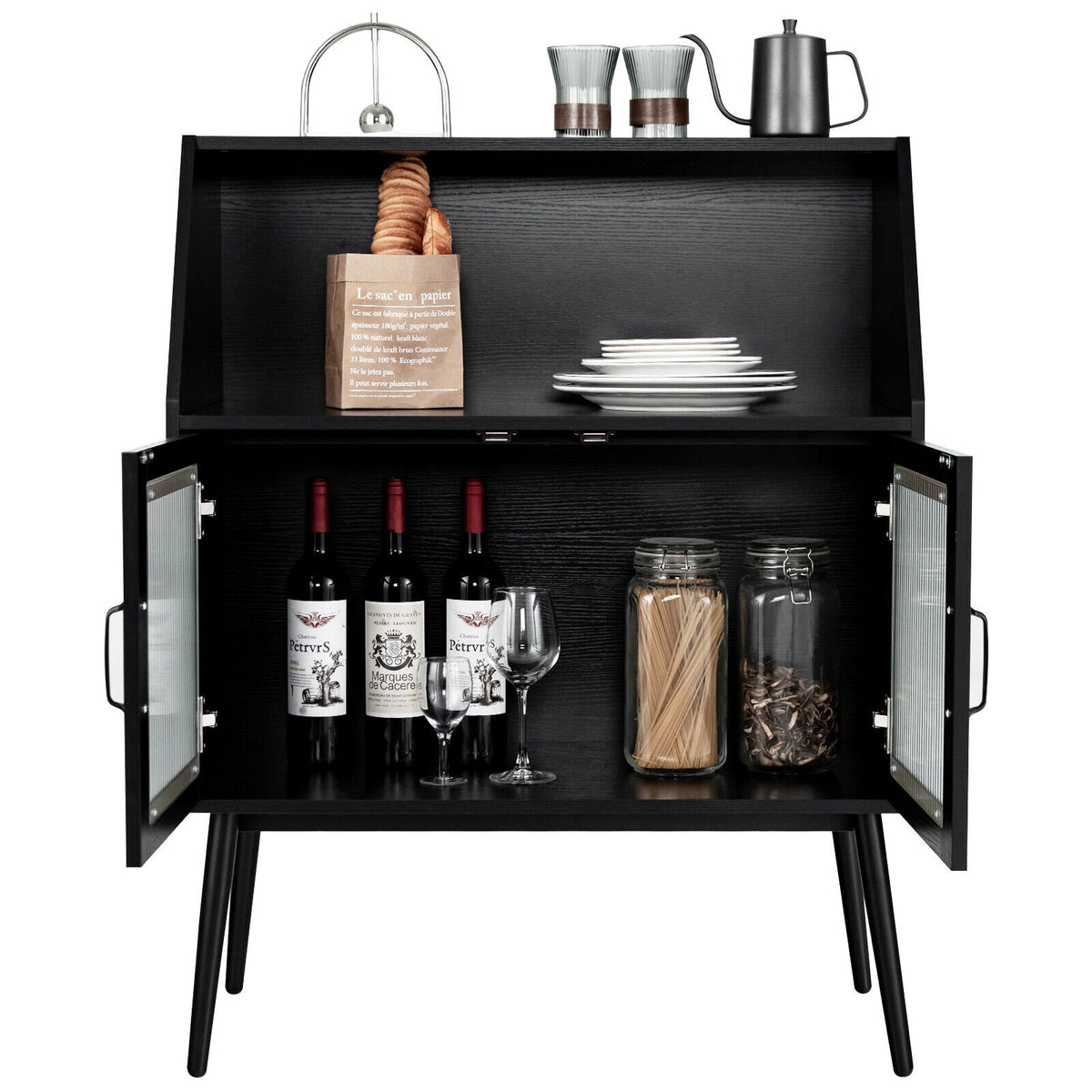 Buffet Cabinet Sideboard, 2 Glass Doors, Black