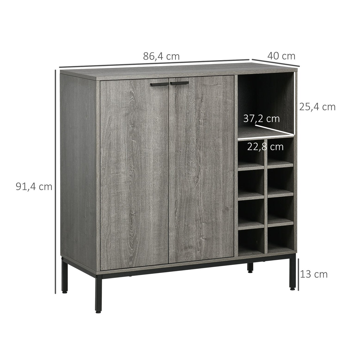 Buffet Cabinet With Wine Rack Sideboard In Gray With Adjustable Shelves And Tilt Protection, 86.4X40X91.4Cm