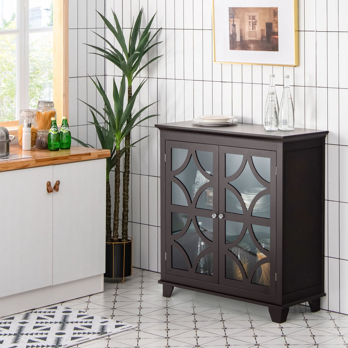 Buffet Sideboard Storage Cabinet With Glass Doors, MDF