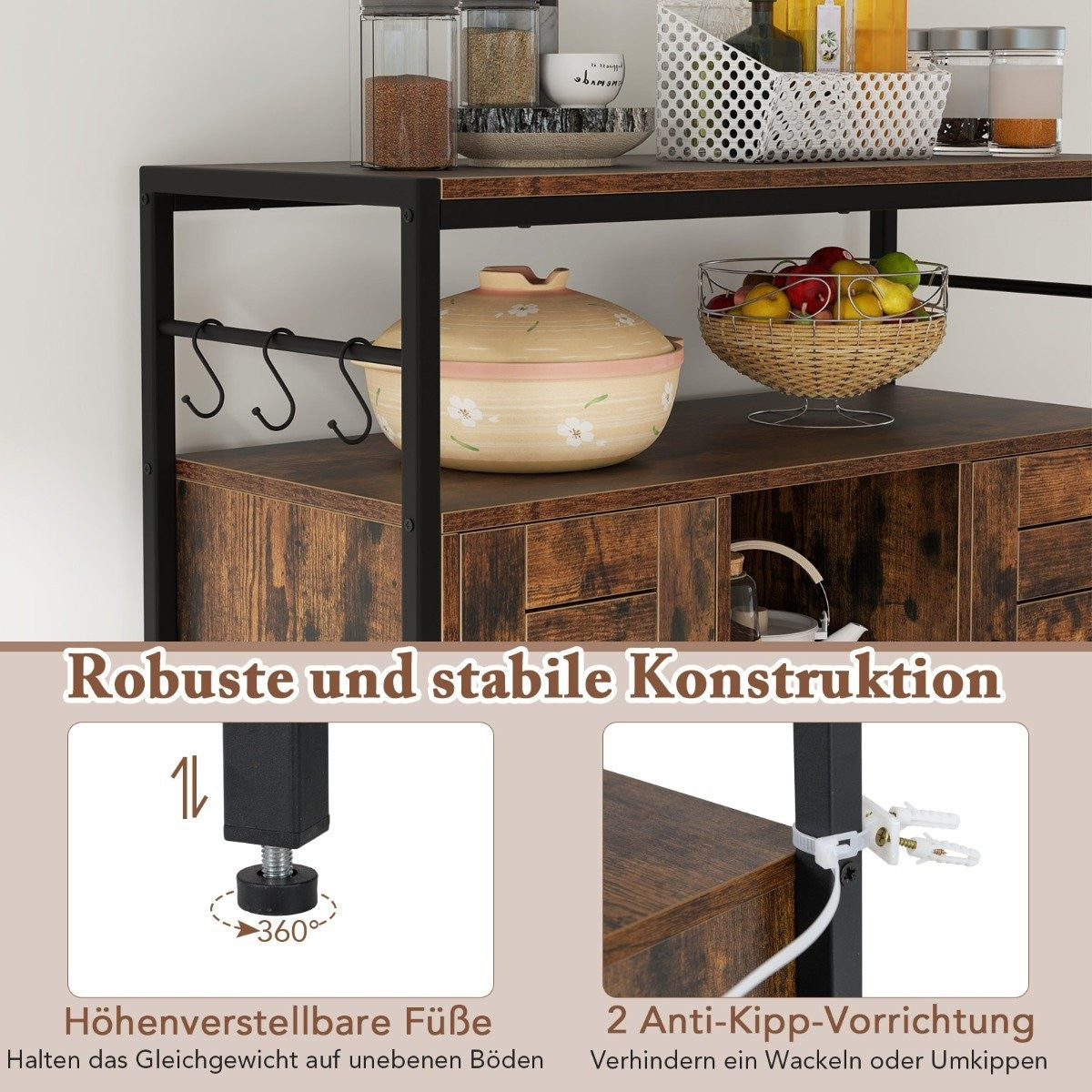 Buffet cabinet with 2 doors & open compartments & adjustable shelves & 3 hooks sideboard