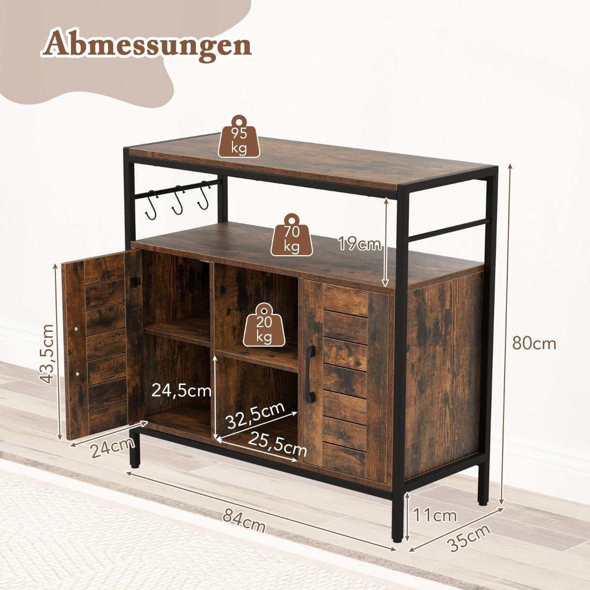 Buffet cabinet with 2 doors & open compartments & adjustable shelves & 3 hooks sideboard
