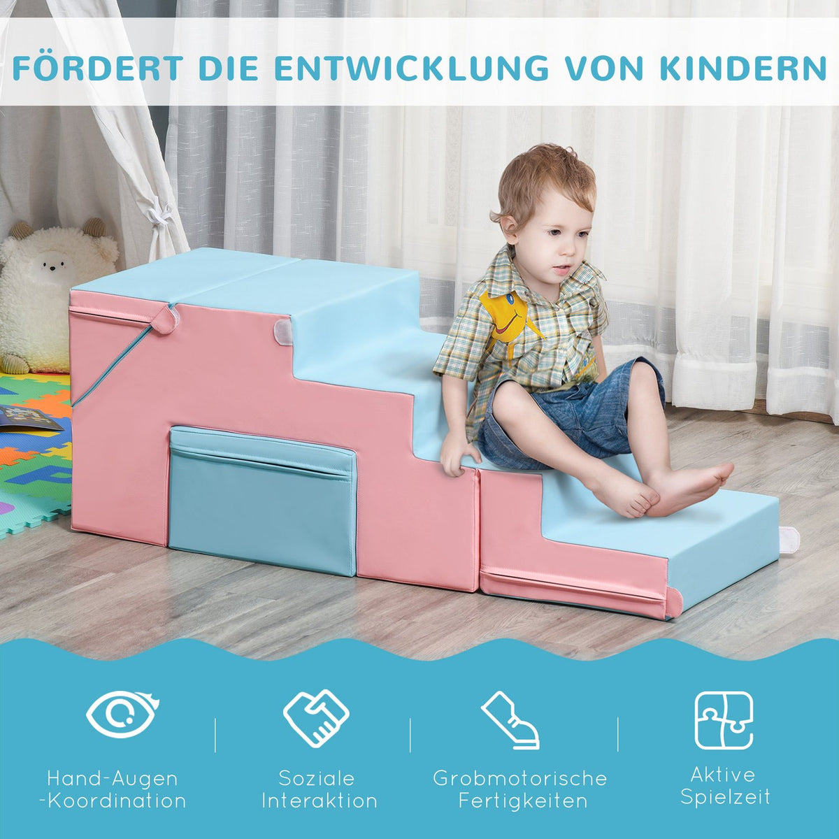 Building Block Set Of 2 Building Blocks Table And Chair Set Slide Reconfigurable Design Building Toy Foam Blocks 12-36 Months Epe Pink + Blue