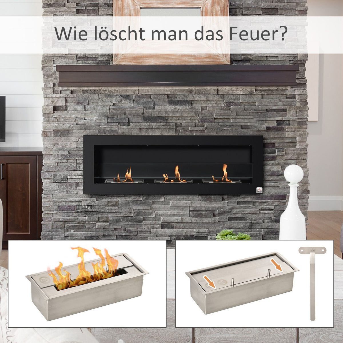 Built-In Ethanol Fireplace, 3 Burners, 120cm, Black