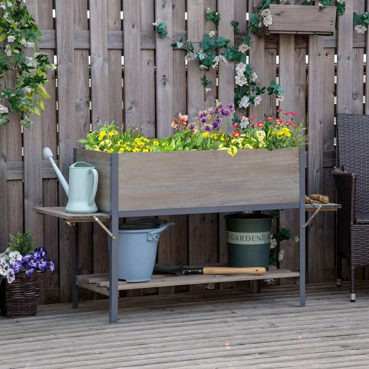 Buy Raised Bed Flower Pot Plant Box With 2 Foldable Shelves Bottom Shelf Solid Wood Light Gray 140 X 46 X 75.5 Cm