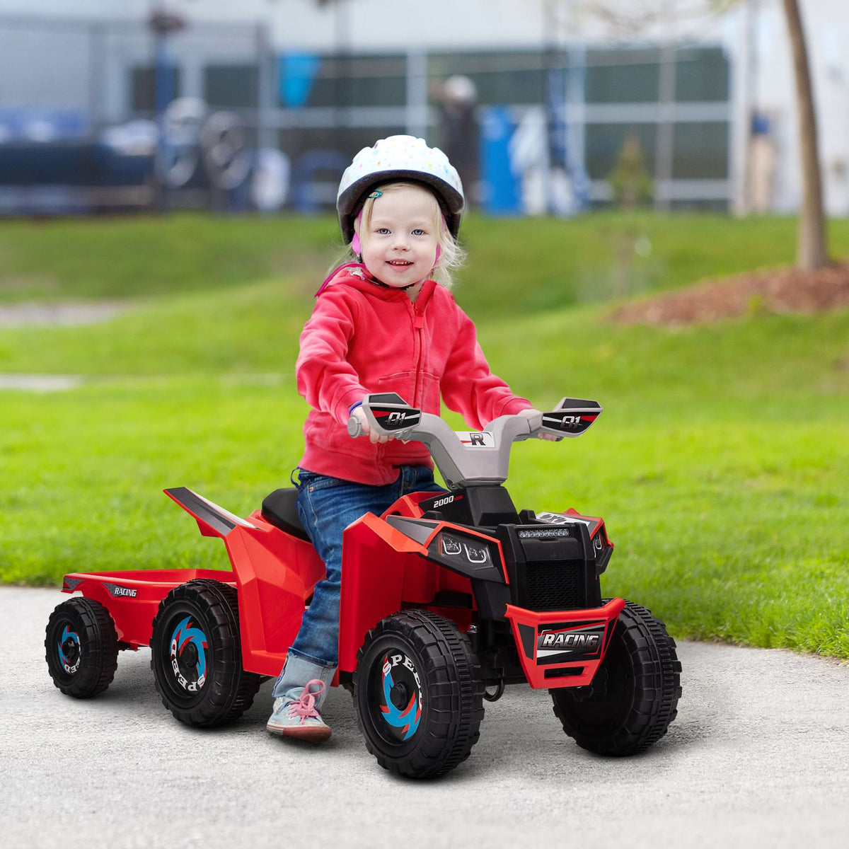 Buy electric quad, with trailer, forward and reverse gear, wear-resistant wheels, metal, for 1.5-3 years, load capacity 25 kg, red