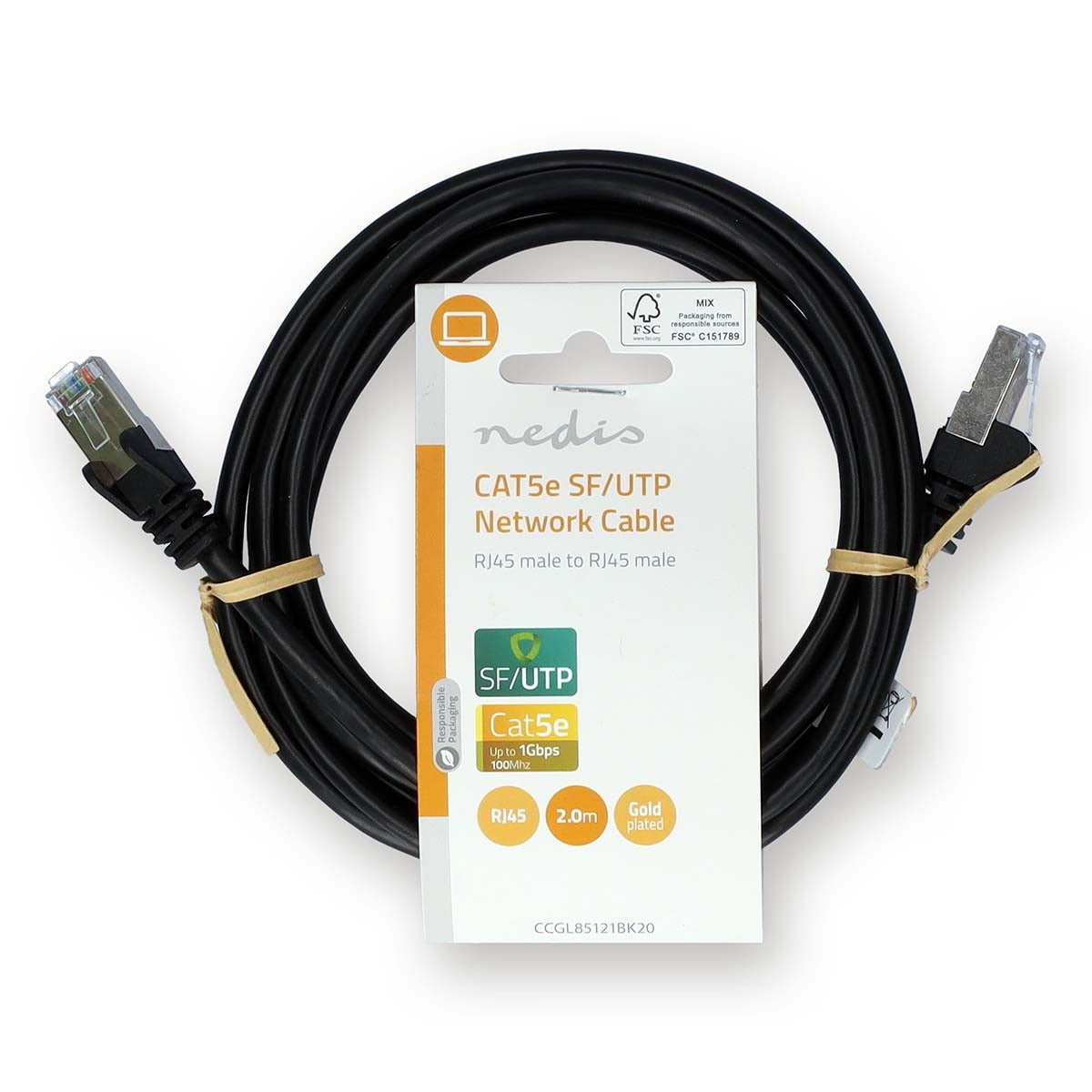 CAT5e network cable | SF/UTP | RJ45 male | RJ45 male | 2.00 m | Round | PVC | Black | Label