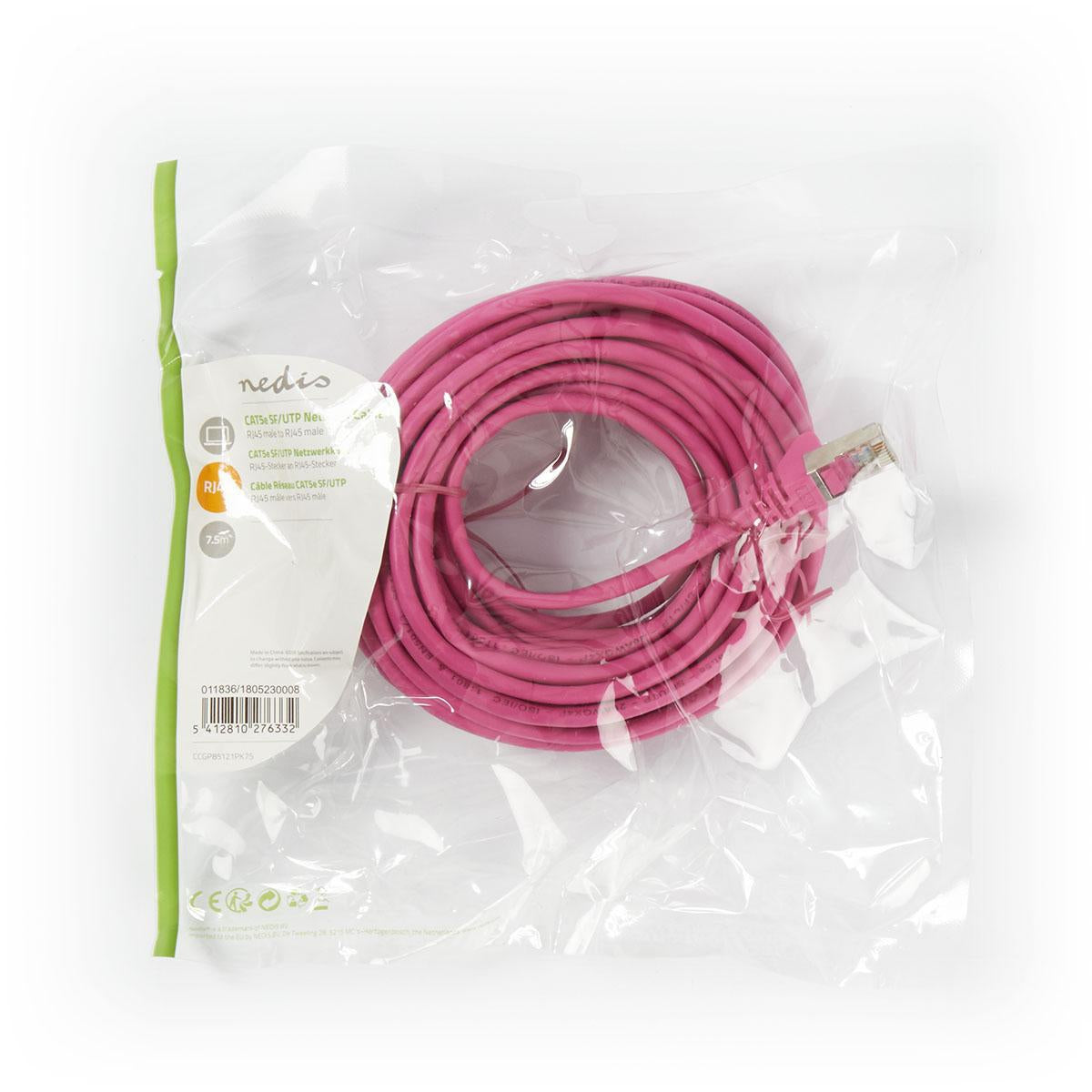 CAT5e network cable | SF/UTP | RJ45 male | RJ45 male | 7.50 m | Round | PVC | Pink | Plastic bag