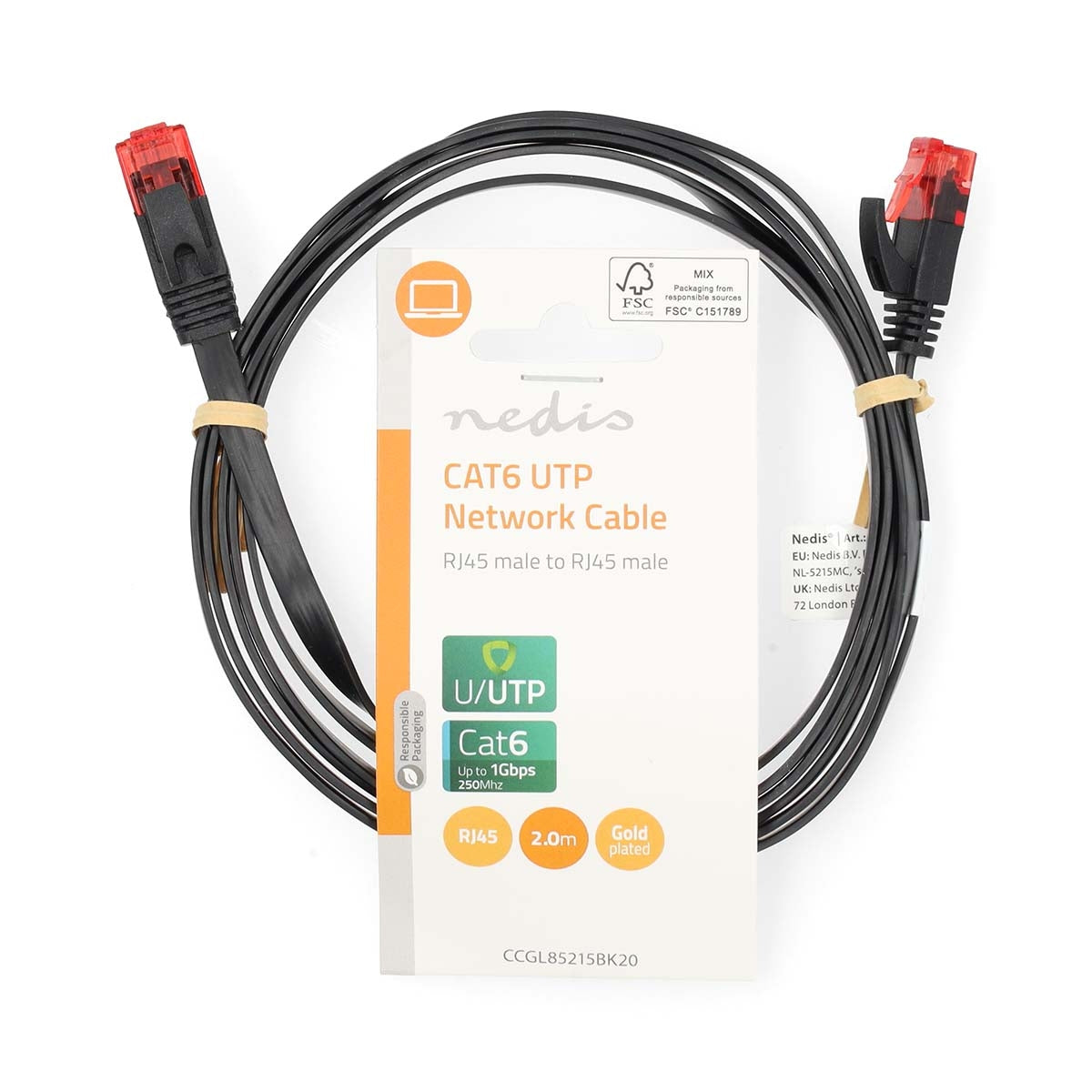 CAT6 Network Cable | RJ45 Male | RJ45 Male | U/UTP | 2.00 m | Snagless | Flat | PVC | Black | Label