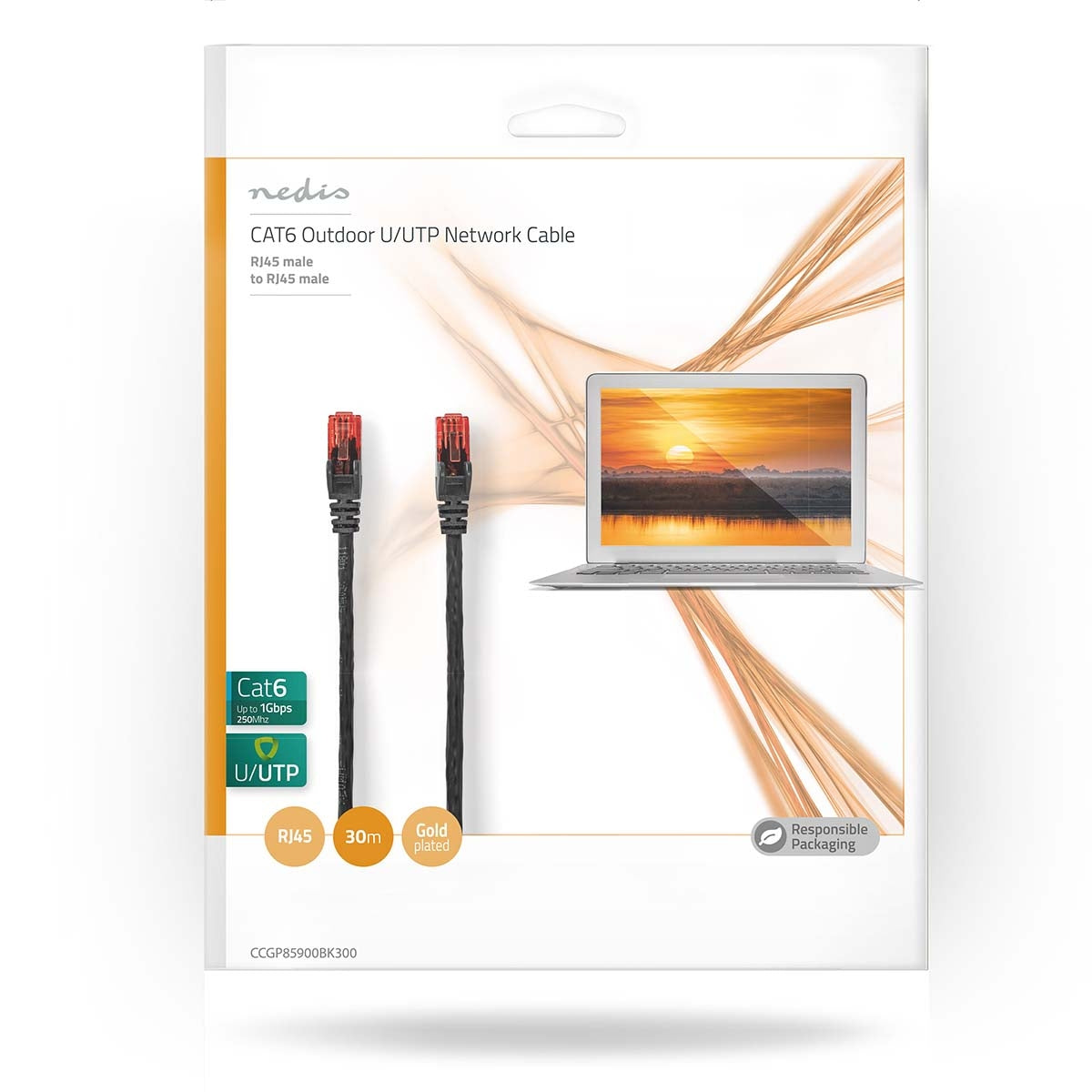 CAT6 Network Cable | RJ45 male | RJ45 male | U/UTP | 30.0 m | Outdoors | Round | PE | Black | Envelope