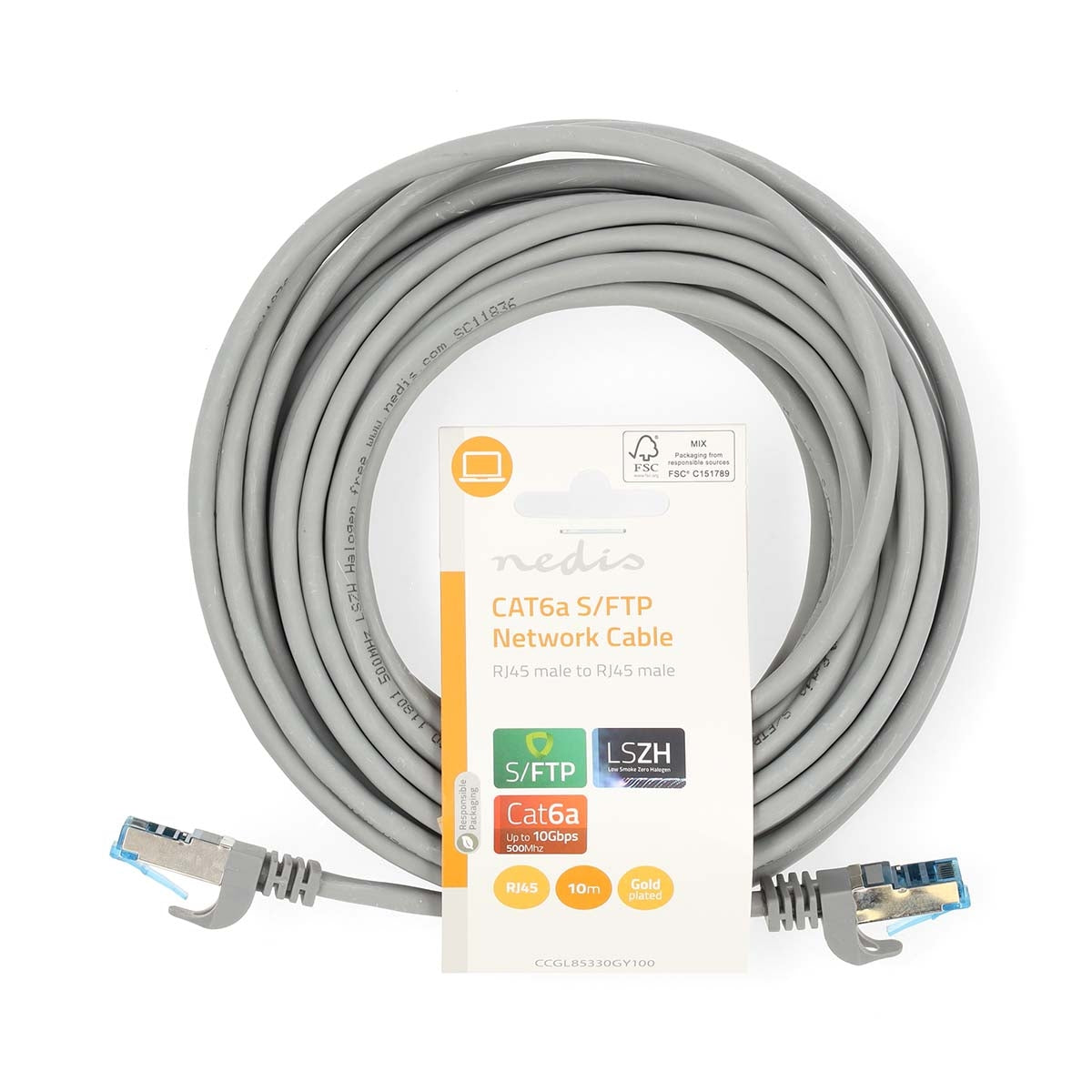 CAT6a Network Cable | S/FTP | RJ45 Male | RJ45 Male | 10.0 m | Snagless | Round | LSZH | Grey | Label