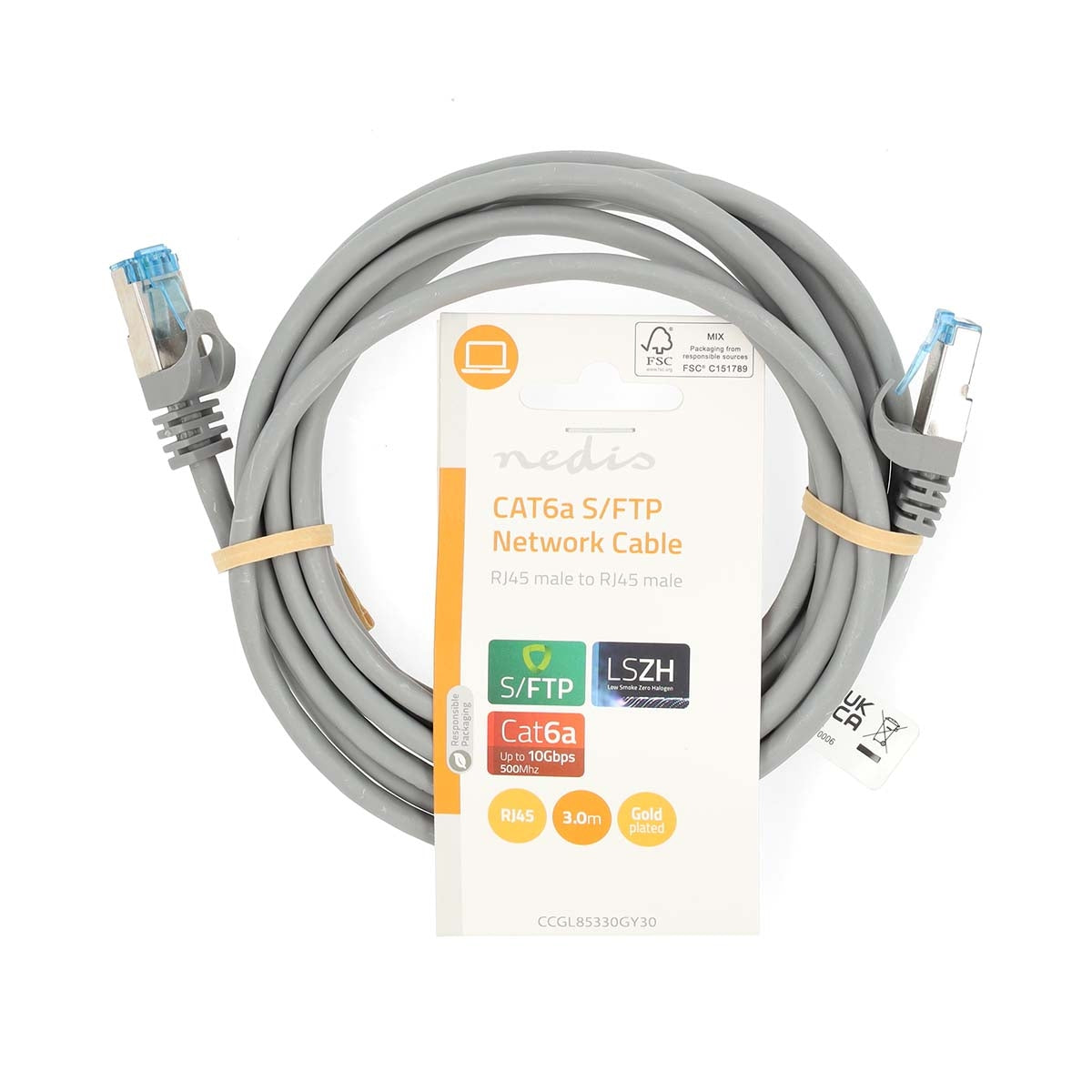 CAT6a Network Cable | S/FTP | RJ45 Male | RJ45 Male | 3.00 m | Snagless | Round | LSZH | Grey | Label