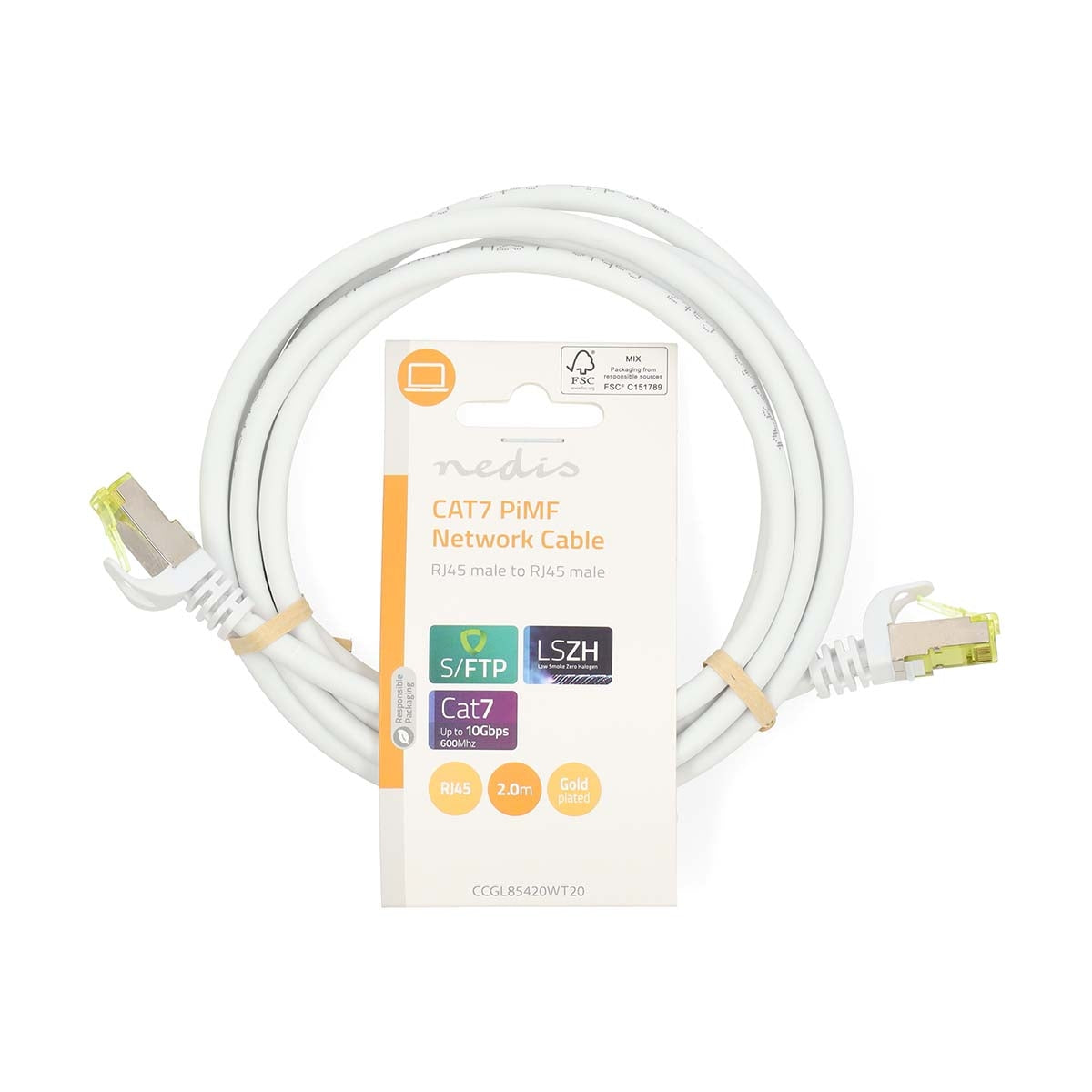 CAT7 Network Cable | S/FTP | RJ45 Male | RJ45 Male | 2.00 m | Snagless | Round | LSZH | White | Label