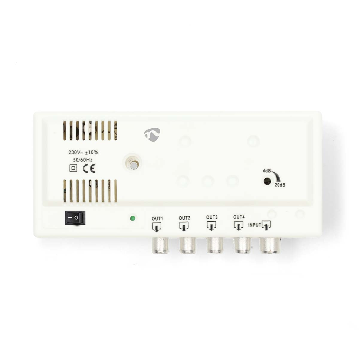 CATV Amplifier | Gain: 20 dB | 47 - 862 MHz | Number of outputs: 4 | Gain control | White