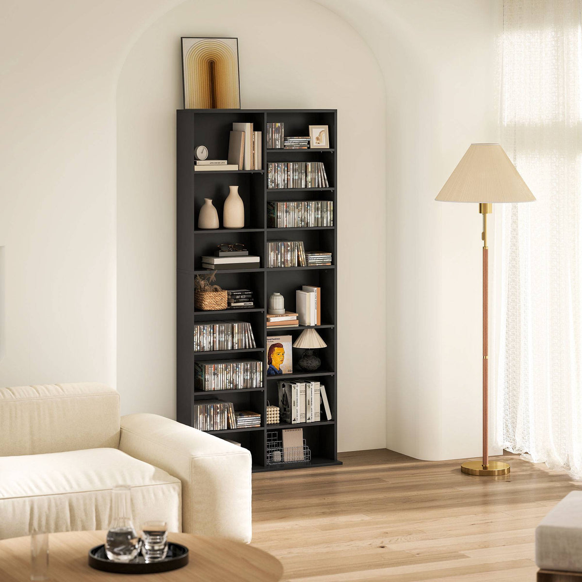 CD DVD Blu-ray Storage Shelf, 18 Compartments, Black, Adjustable