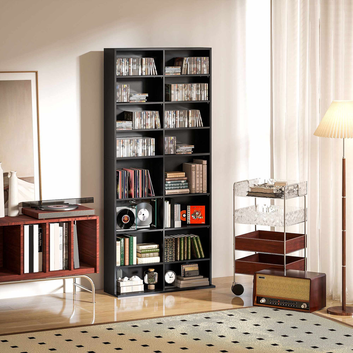 CD DVD Blu-ray Storage Shelf, 18 Compartments, Black, Adjustable