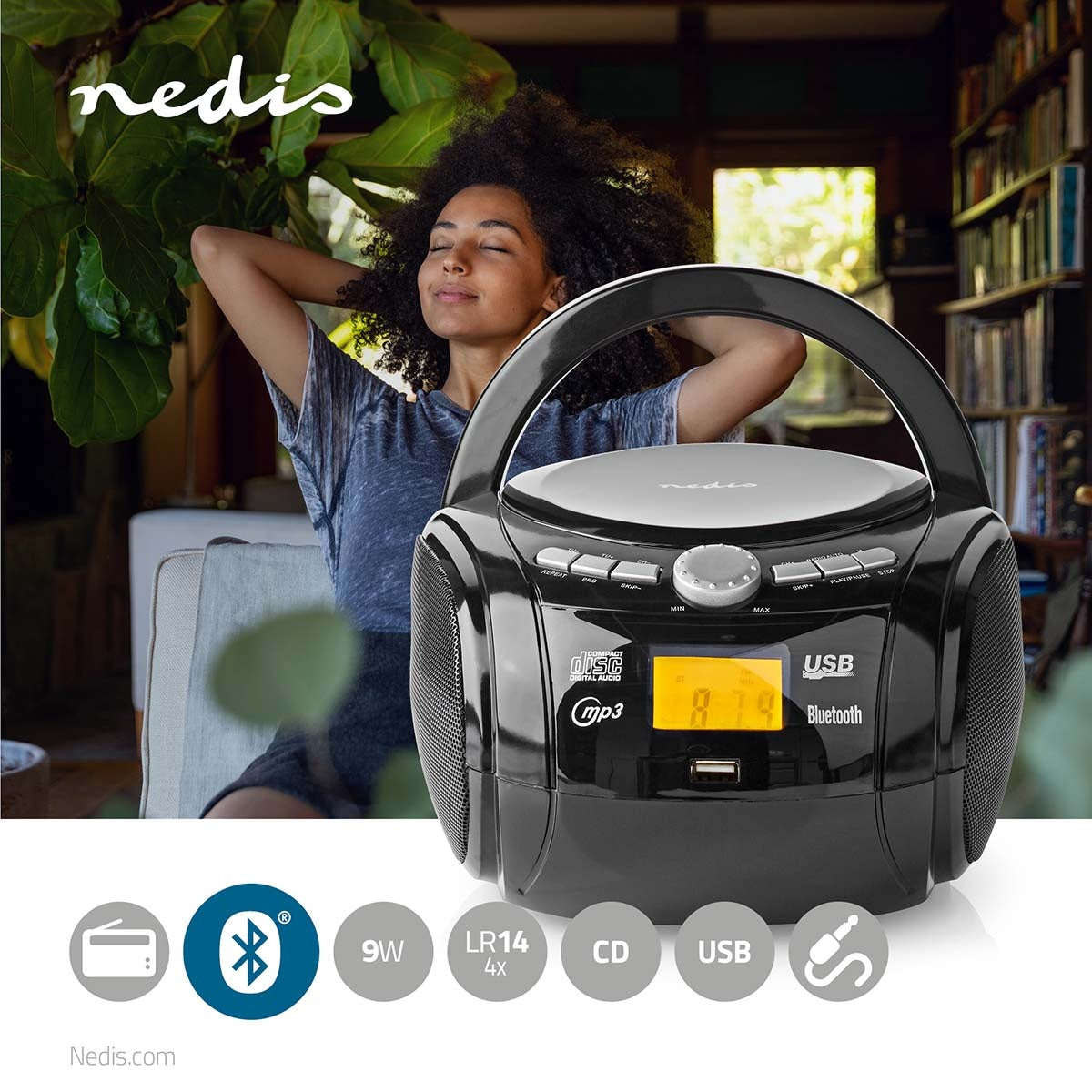 CD Player Boombox | Battery operated / Power adapter | Stereo | 9 W| Bluetooth® | FM | USB Playback | Carrying handle | Black
