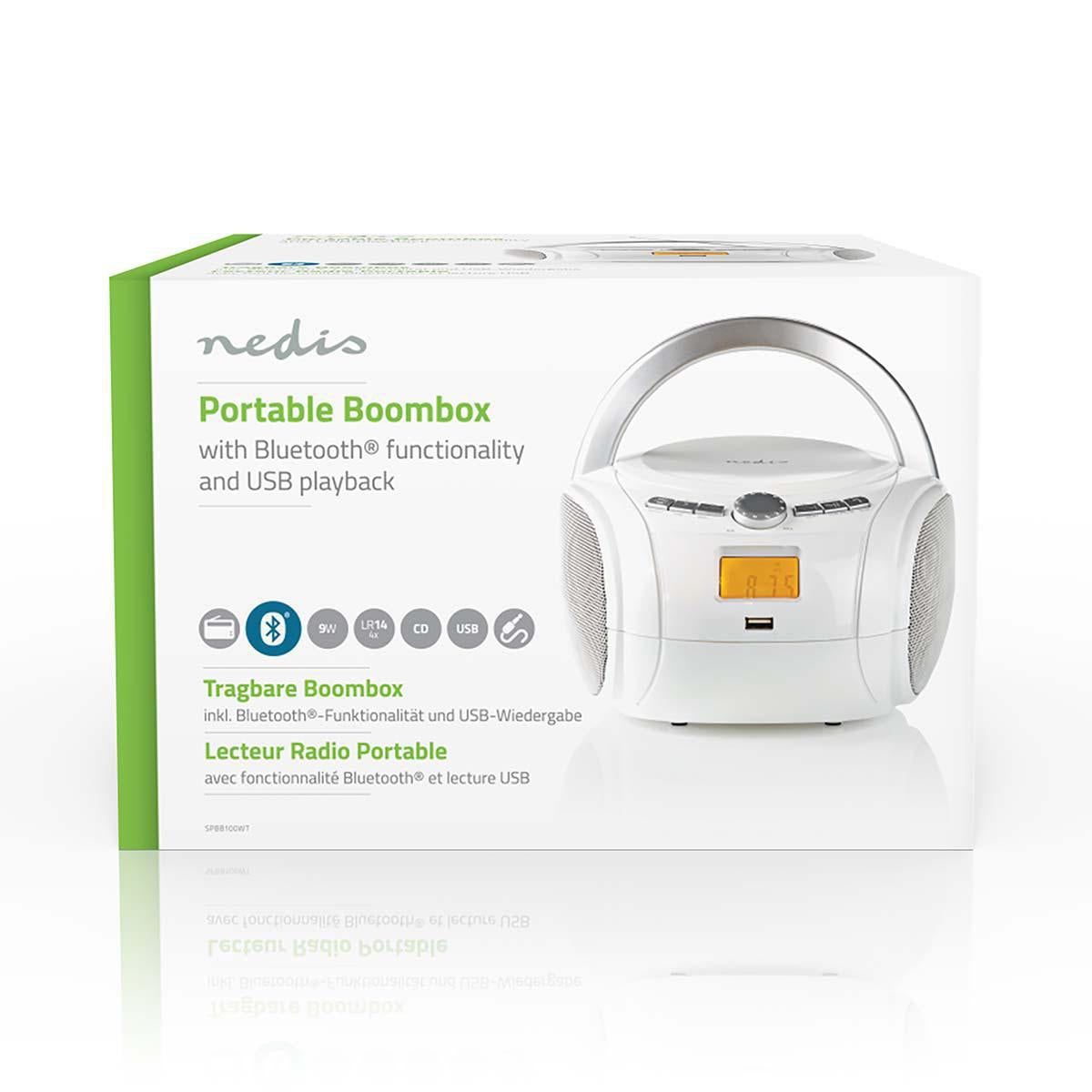 CD Player Boombox | Battery operated / Power adapter | Stereo | 9 W| Bluetooth® | FM | USB Playback | Carrying handle | White