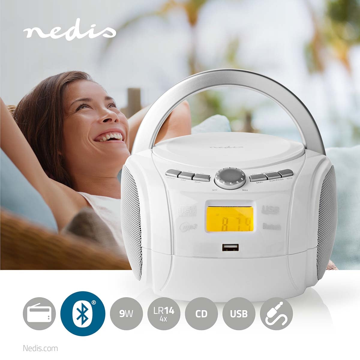 CD Player Boombox | Battery operated / Power adapter | Stereo | 9 W| Bluetooth® | FM | USB Playback | Carrying handle | White