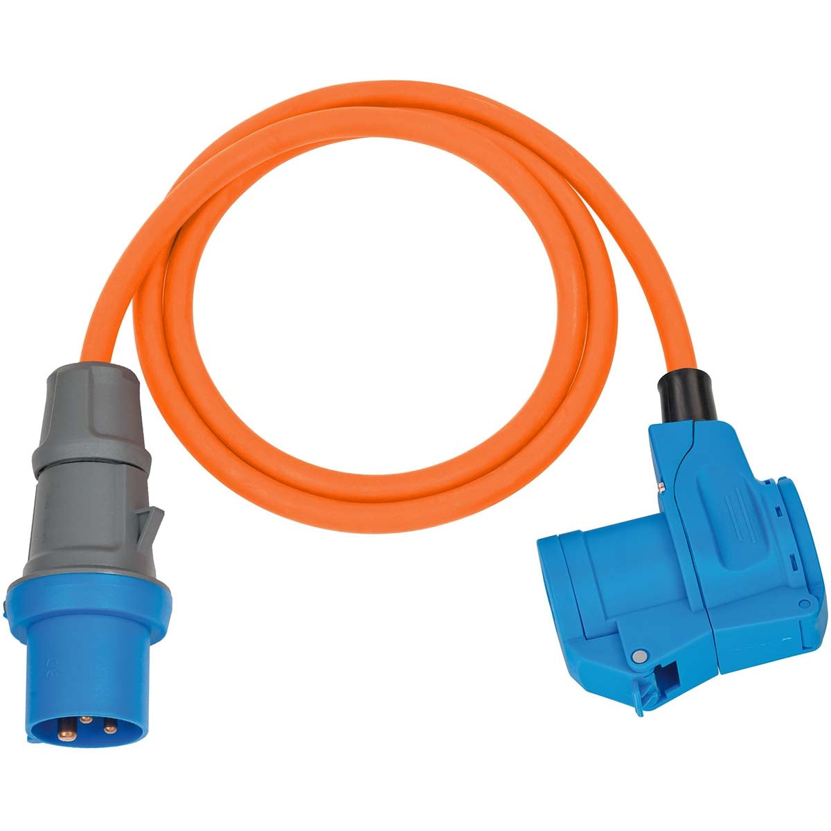 CEE Adapter Cable Camping 1.5 m cable in orange (CEE connector and angle connector incl. safety connector combination socket, 230V / 16A, for permanent outdoor use)