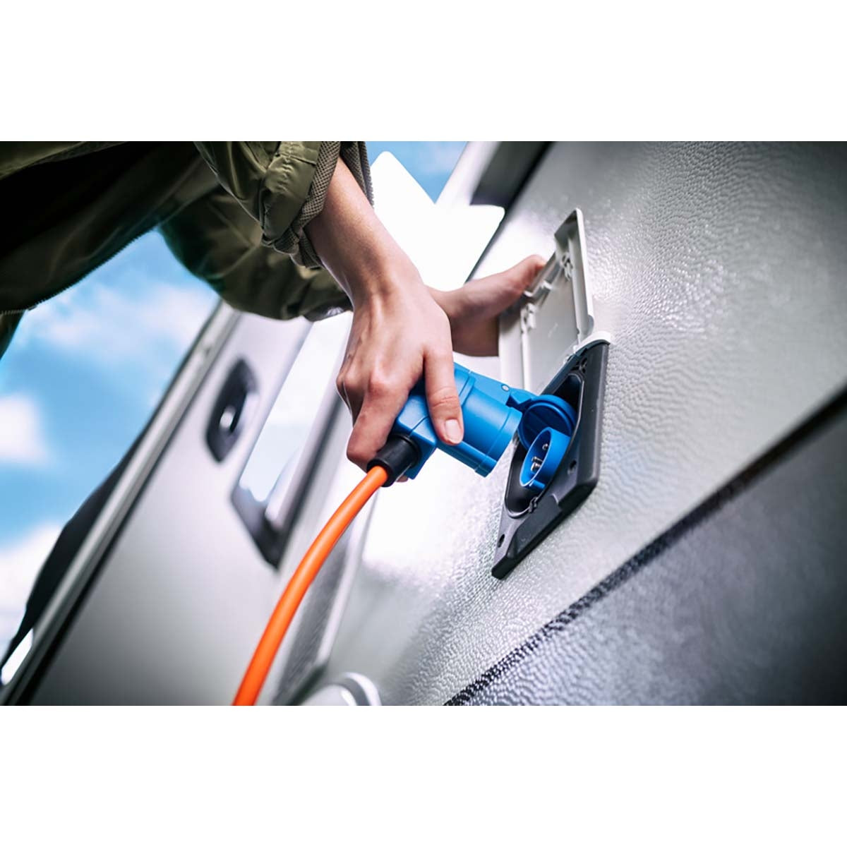 CEE Adapter Cable Camping 1.5 m cable in orange (CEE connector and angle connector incl. safety connector combination socket, 230V / 16A, for permanent outdoor use)