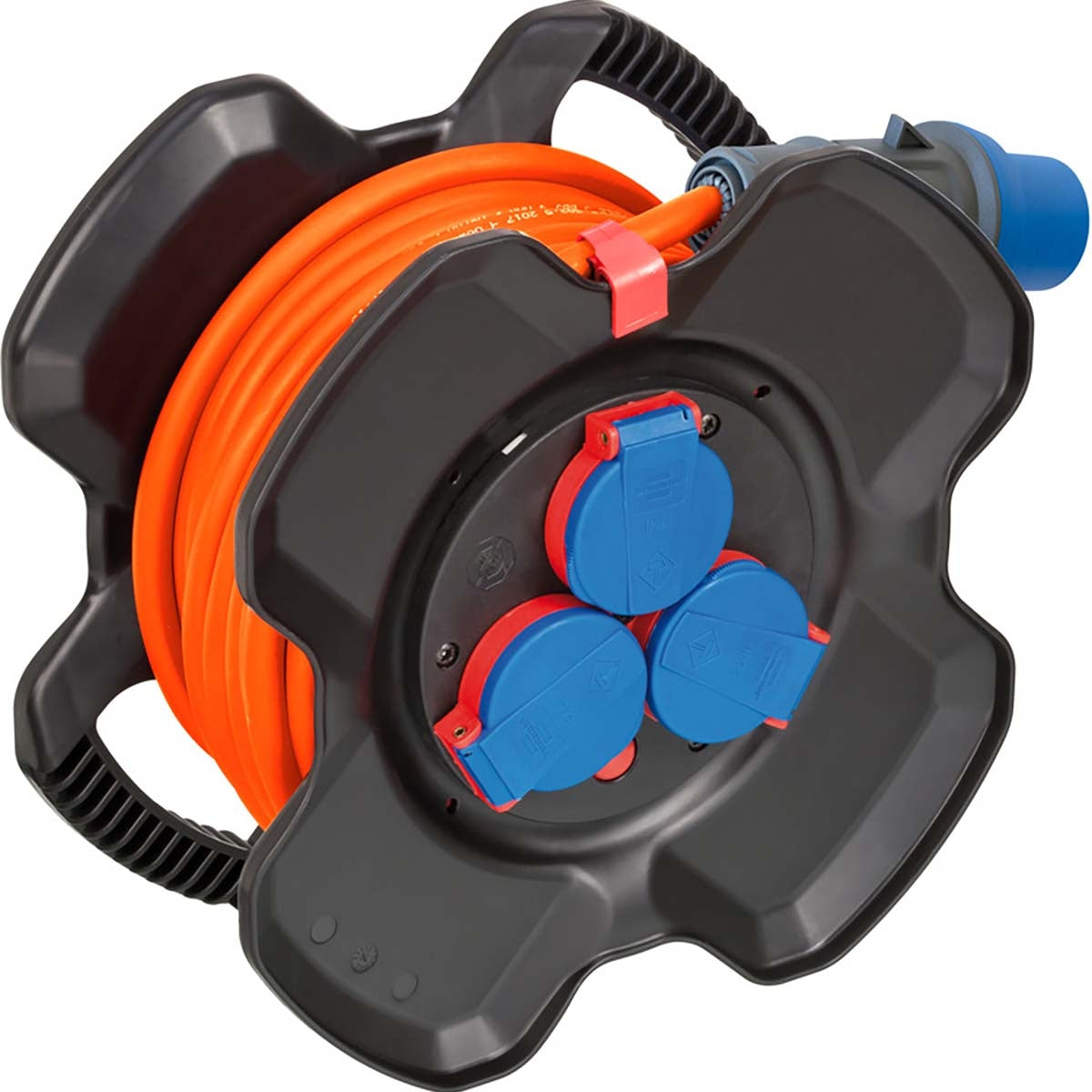 CEE Cable reel made of special rubber compound (10 m cable in orange, Camping Cable reel for permanent outdoor use IP44, 2x CEE sockets, 3x Sockets )