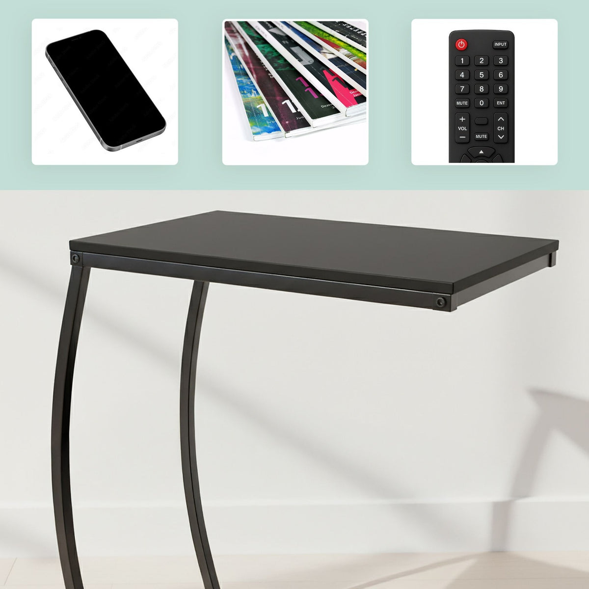 C-Shaped End Table – Metal & MDF, Sofa & Bed Use