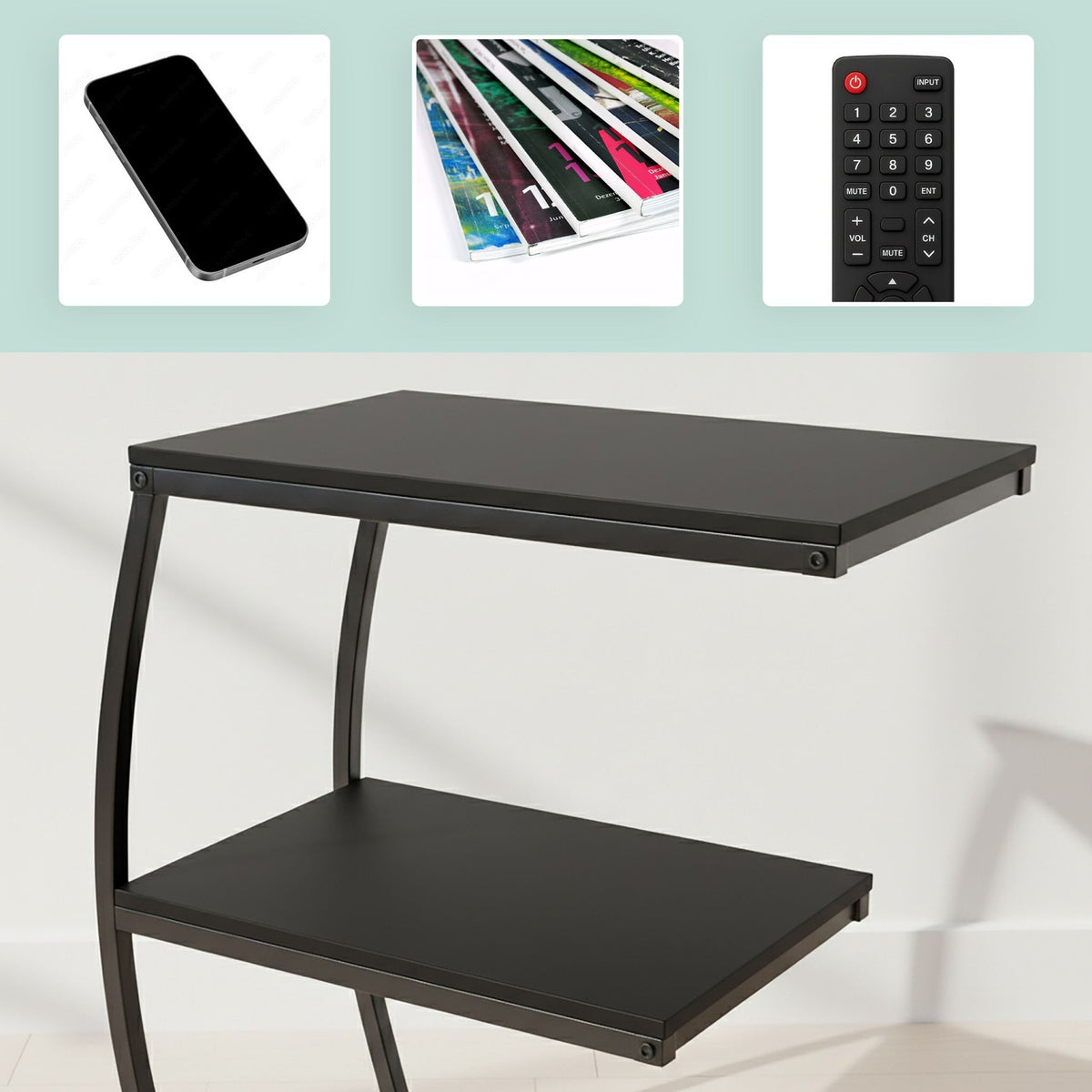 C-Shaped Side Table, 2-Tier, Metal Frame