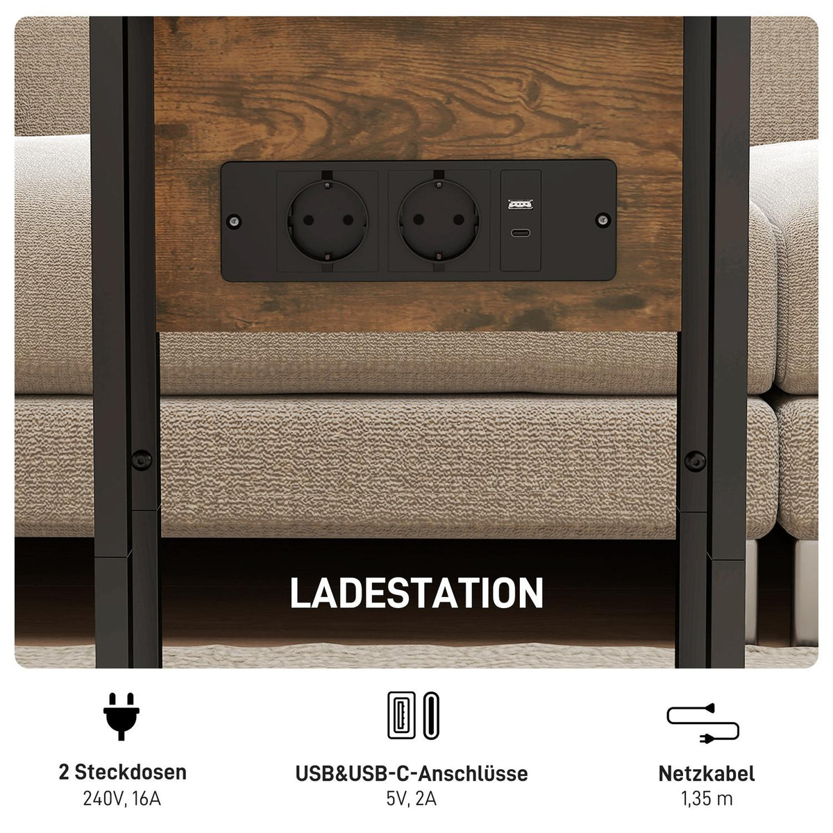 C-Shaped Side Table with Charging Station and Foldable Top
