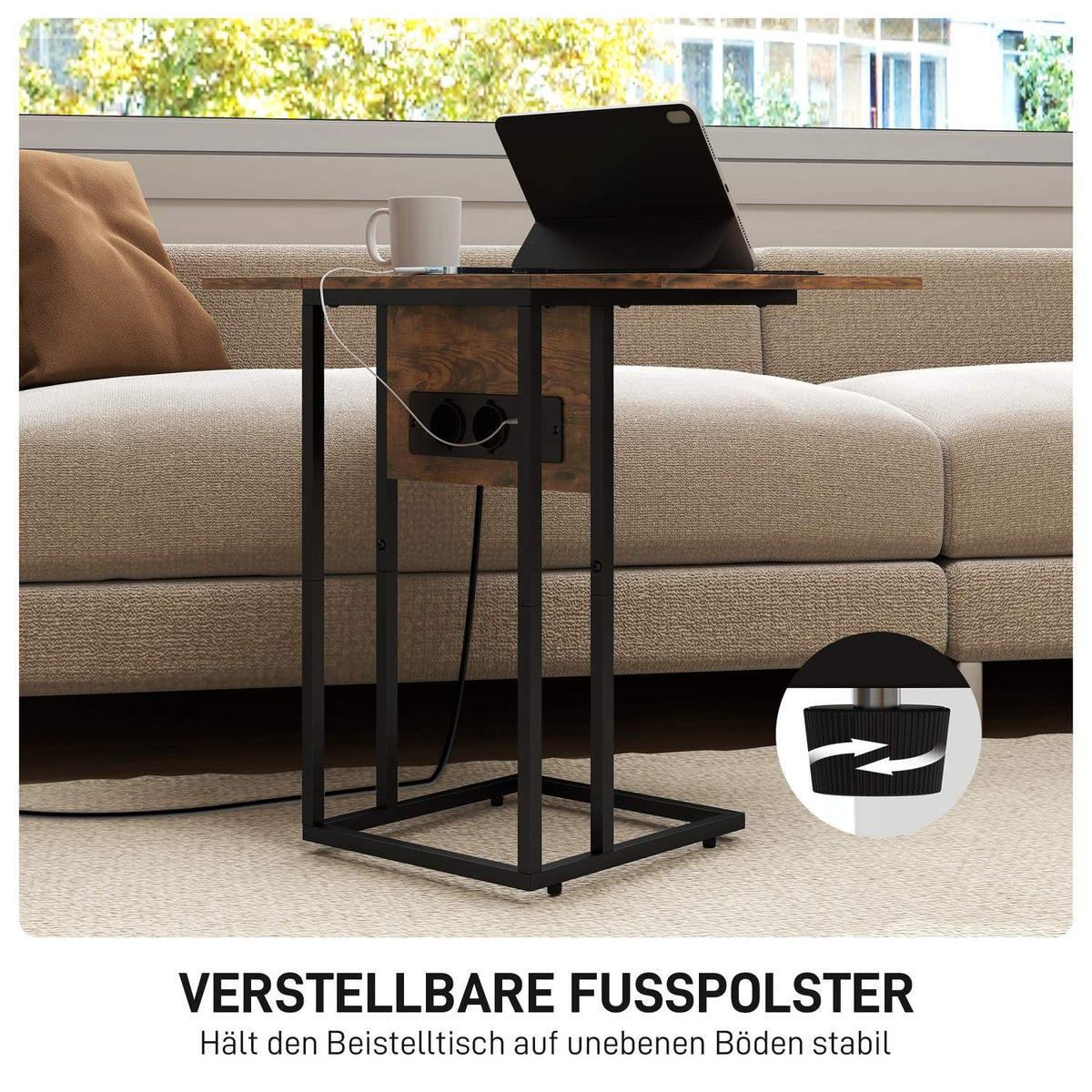 C-Shaped Side Table with Charging Station and Foldable Top