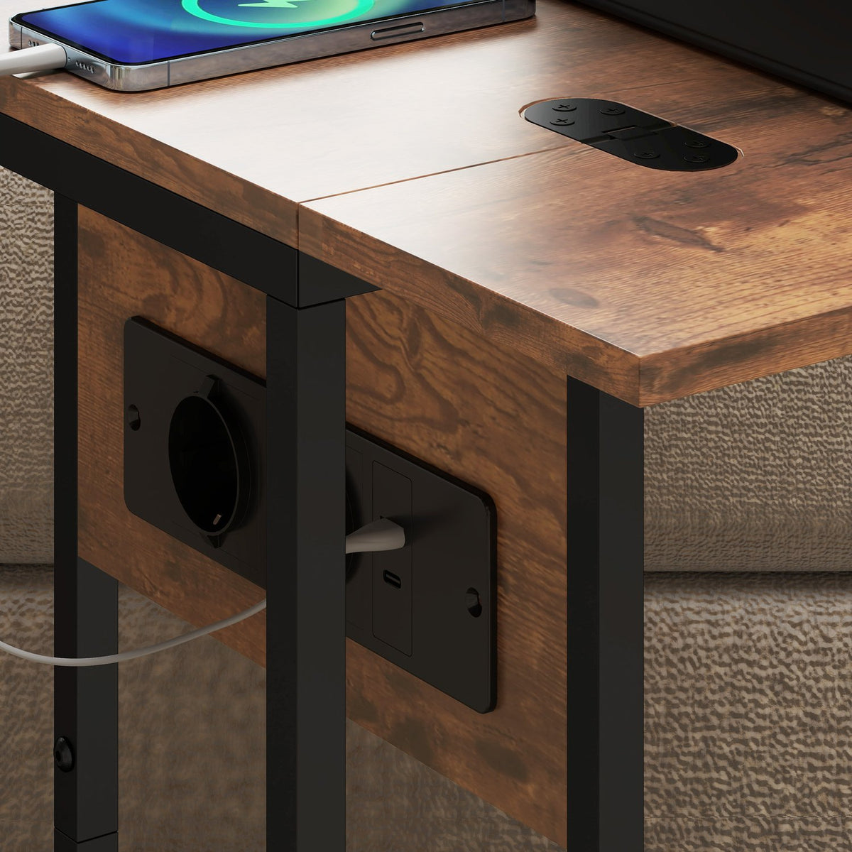 C-Shaped Side Table with Charging Station and Foldable Top