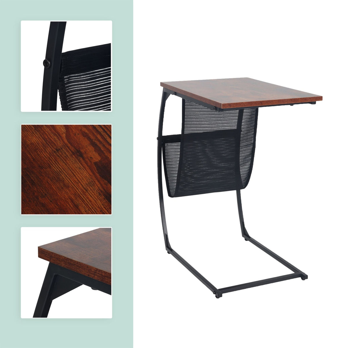 C-Shaped Side Table with Magazine Rack, Wood-Effect Top